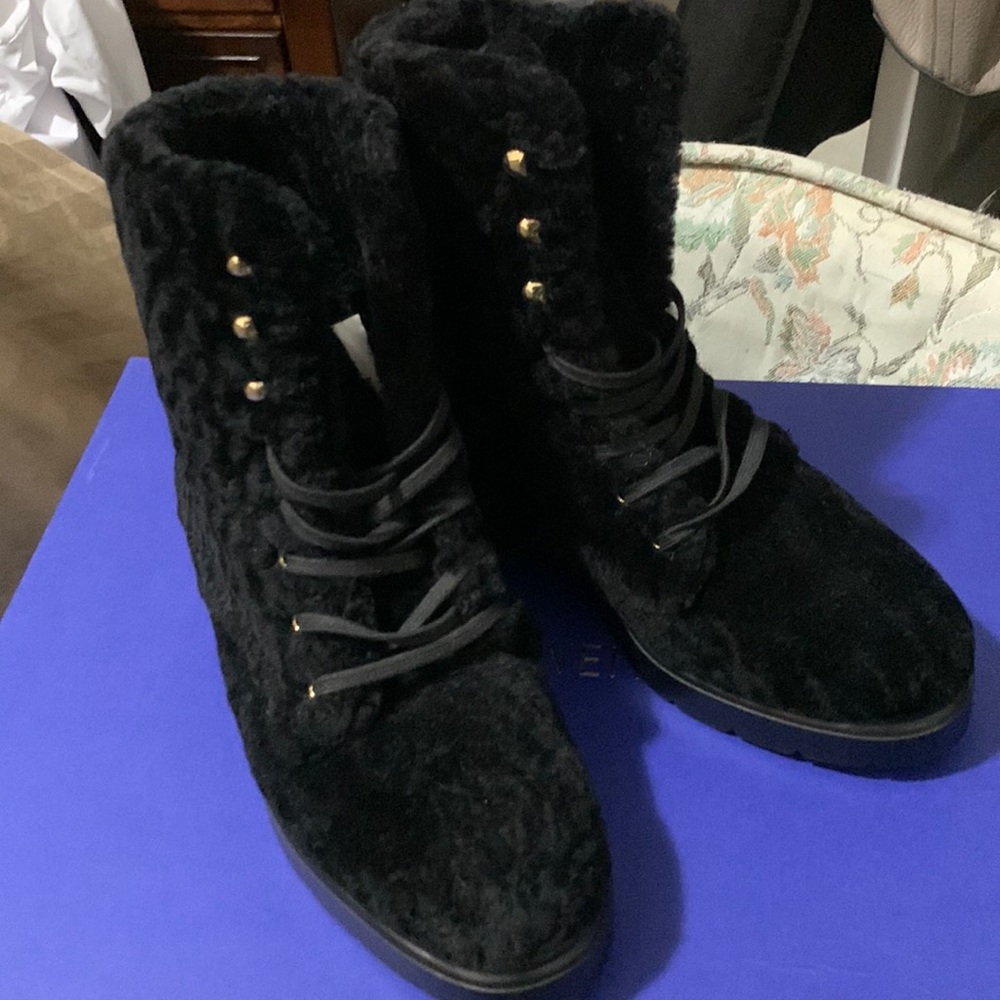 Stuart Weitzman black curly velvet combat boots size 4